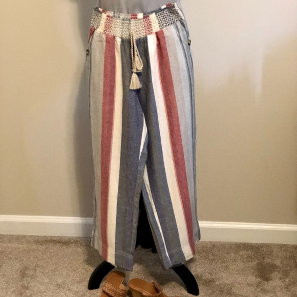 Westbound Sm Stripe Print Mid Rise Pocketed Drawstring Waist Linen Pants NWOT - Picture 1 of 10